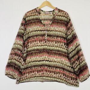 Chico's Brown Red Brush Stroke Sheer Chiffon Top‎ Shirt Blouse Womens 3 XL 16